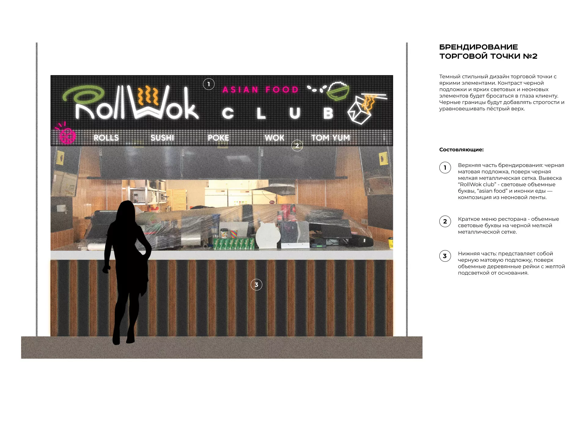 Брендирование торговых точек суши-бара «Roll Wok Club» в Ленинске-Кузнецком